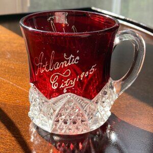 Antique Ruby Red Flash, Cut Glass, Etched Souvenir Cup Mug, Atlantic City 1905